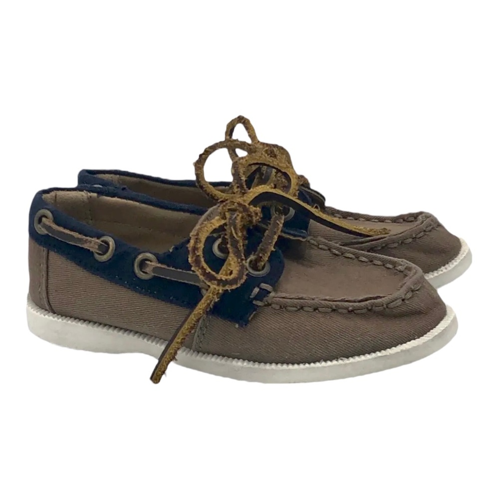 Janie and Jack Toddler Boat Shoes Loafers Brown Canvas Blue Leather Lace Size 9